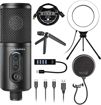 Audio-Technica ATR2500x-USB Condenser Microphone for Windows and Mac Bundle with Blucoil Pop Filter Windscreen, 6" Dimmable Selfie Ring Light, USB Hub Type-A, and 3-FT USB 2.0 Type-A Extension Cable