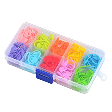 TIMESETL 10 Colors Knitting Markers Flexible Removable Small Stitch Markers Locking Stitch Counter Needle Clip with Compartment Box - 120Pcs