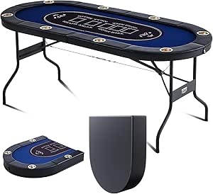 VEVOR Foldable Poker Table for 8 Player, Blackjack Texas Holdem Table with Padded Rails and Stainless Steel Cup Holders, 72" Oval Casino Leisure Table,Blue,Portable Folding Card Board Game Table