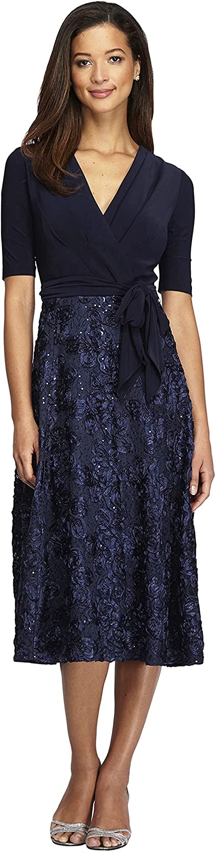 Alex Evenings Women's Tea Length Dress with Rosette Detail (Petite and Regular)