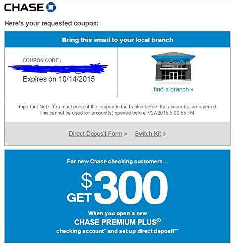 $300 Chase Checking Account Promotion Coupon