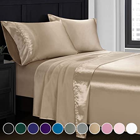 Homiest 4pc Satin Bedding Sheet Set Deep Pocket Silky Satin Sheet Set - Wrinkle Free Hypoallergenic Bedding Fitted and Flat Sheet Set, Full Size, Taupe