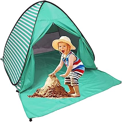 Aulola Pop Up Beach Tent for 2-3 Person, Foldable Outdoor Lightweight UPF 50  Sun Shelter with 6 Pegs and Carry Bag, Perfect for Family Camping, Hiking, Beach Trip, Fishing, Picnic (Lake Green Stripe)