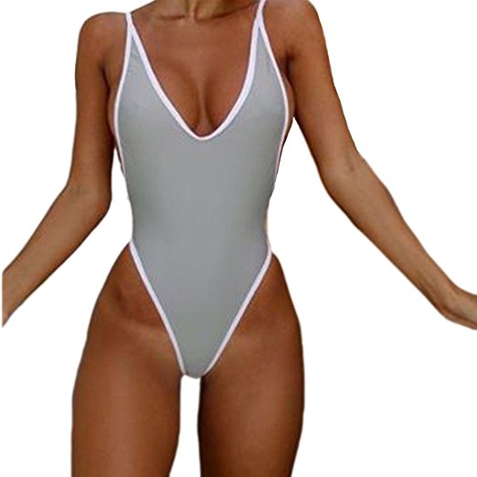 CROSS1946 Sexy Womens Monokini Deep V One Piece Backless Cheeky Swimwear Semi Thong Bikini