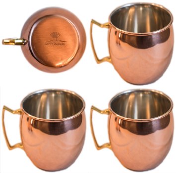 Moscow Mule 100 % Solid Pure Copper Mug /Cup (16-ounce/set of 4, Smooth, Nickel Lined)- Saint Jacques
