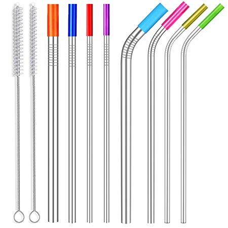 Stainless Steel Straws with Silicone Tips, 10" Long Reusable Metal Straws, 6mm Skinny Straws for 30 oz Yeti/RTIC/ Ozark Tumbler, 8mm Smoothie Straws, 12mm Boba/Bubble Tea Straws with 2 Cleaning Brush