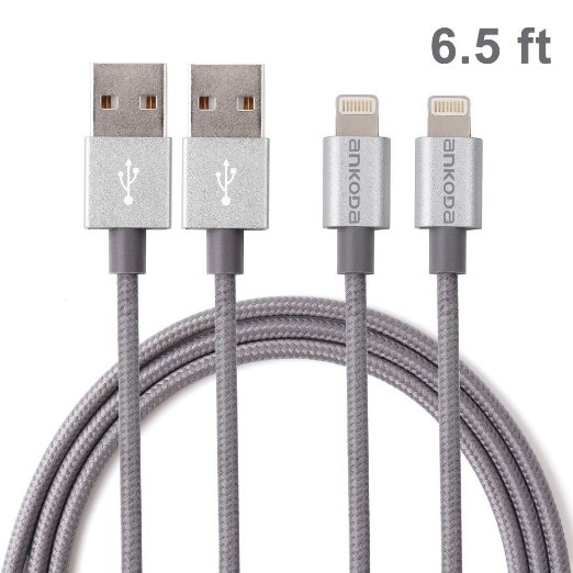 Ankoda® 2Pack 6.5ft/2M Nylon Braided Lightning to USB Cable, Lightning Data Sync & Charge USB Cable for iPhone SE 6S 6S Plus 6 6Plus 5S 5C 5, iPad Air Air 2 mini2 mini3 4th, iPod Nano, iPad Pro and More (Grey)