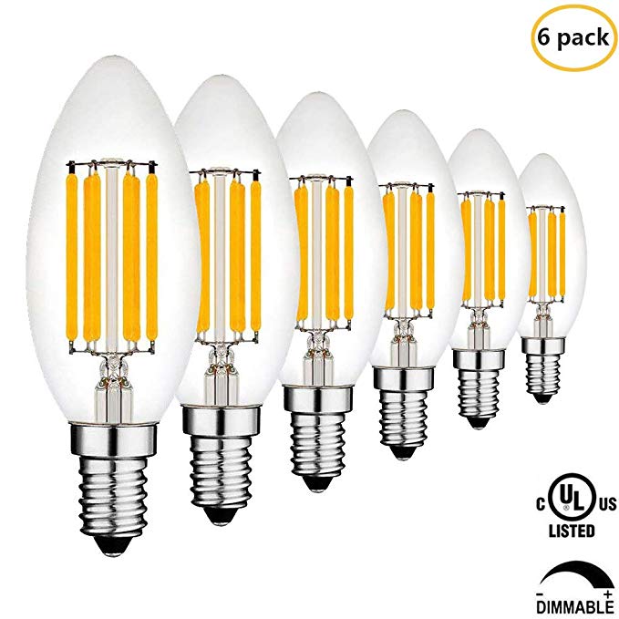 Joddge 1 1 6 Pack C35 Candelabra Light 6W Equivalent 60W Incandescent Dimmable No Flicker Filament LED Candle Bulbs Retro Lamps E12 Base 2700K Warm White 600LM Clear Glass 360 Degrees Beam ANG