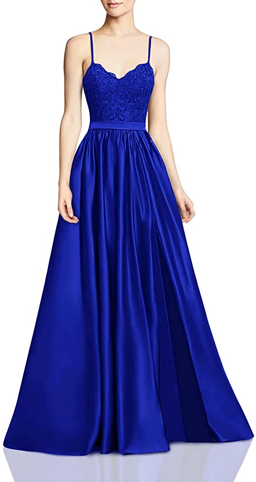 APXPF Women's Lace Prom Dresses Long Satin Slit Formal Evening Gowns with Pockets