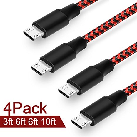 Airsspu Micro USB Cable,4Pack 3FT/6FT/6FT/10FT Long Premium Nylon Braided Android Charger USB to Micro USB Charging Cable Samsung Charger Cord for Samsung Galaxy S7 Edge/S7/S6/S4/S3,Note 5/4 (Red)
