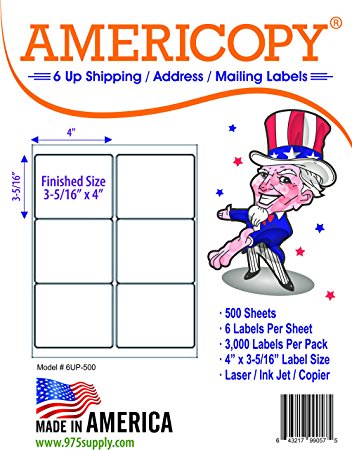 6 Up Labels - Address Labels - Americopy - Shipping / Mailing Labels - 4" x 3-5/16" Label Size - MADE IN THE USA (3,000 Labels)