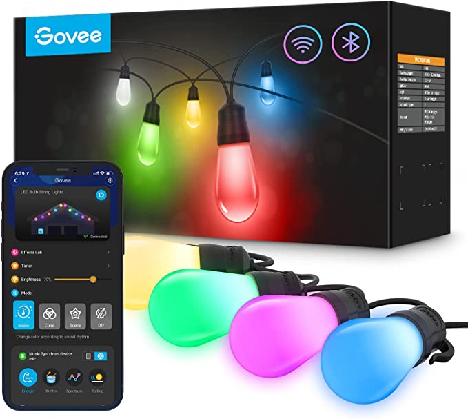 Govee Outdoor String Lights, RGBIC 96ft Patio Lights Work with Alexa, Wi-Fi, and Bluetooth Control, IP65 Waterproof, 40 Scene Modes, 30 Dimmable Warm White LED Bulbs for Garden, Backyard, Balcony