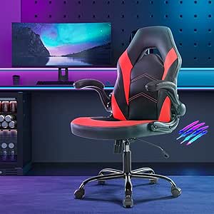 Elevon Ergonomic Computer Gaming Chair - Home Office Desk with PU Leather Lumbar Support, Height Adjustable Big and Tall Video Game with Flip-up Armrest, Swivel Wheels for Adults and Teens