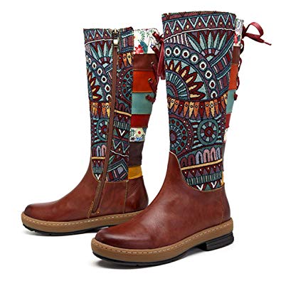 Socofy Leather Knee Boots, Women's Bohemian Splicing Pattern Flat Knee High Boots