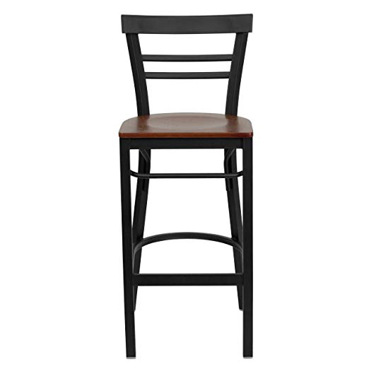 Flash Furniture HERCULES Series Black Ladder Back Metal Restaurant Barstool - Cherry Wood Seat