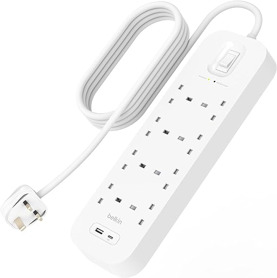 Belkin 8-Outlet Surge Protector Power Strip, Wall-Mountable with 8 AC Outlets, 2M Power Cord, & Green Indicator Light - USB-C Port & USB-A Port w/USB-C PD Fast Charging - 900 Joules of Protection