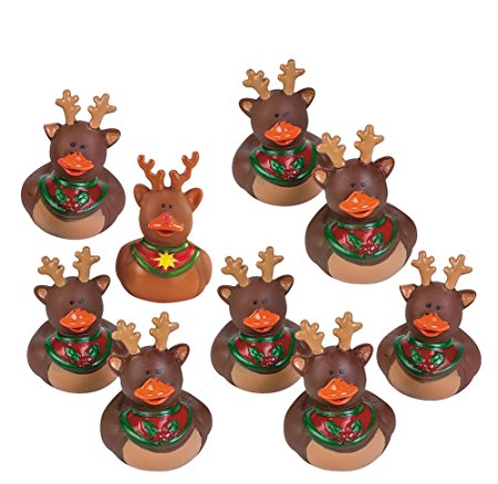 Fun Express Reindeer Rubber Duckies Christmas Duck Party Favors Set (Set of 9)