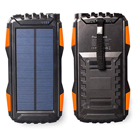 Friengood Solar Power Bank 25000mAh, Portable Phone Solar Charger, External Solar Battery Charger with Dual USB and LED Flashlights for iPhone, iPad, Android Phones and 5V Digital Devices (Orange)