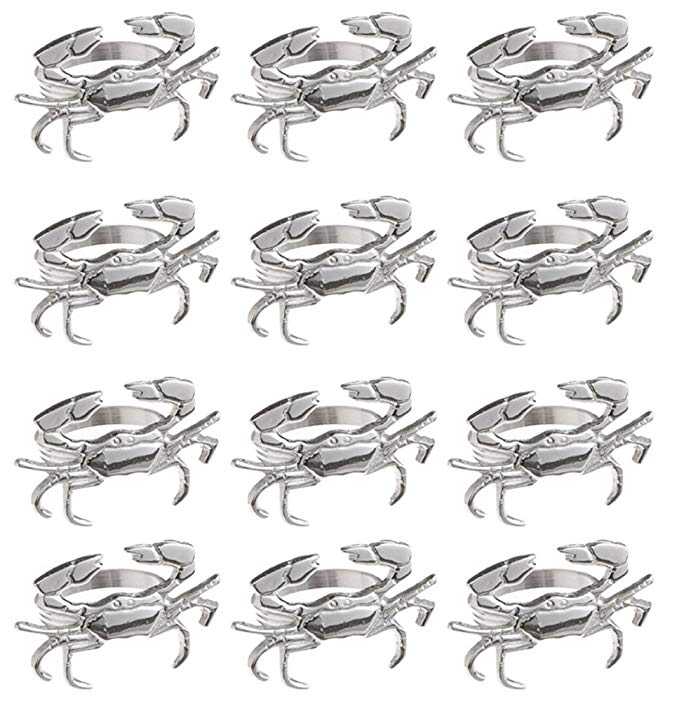 DII Basic Everyday Silver Napkin Rings for Coastal Themed Place Settings or Dinner Party, Summer Fun, & Family Gatherings (Set of 12), Coastal Crab