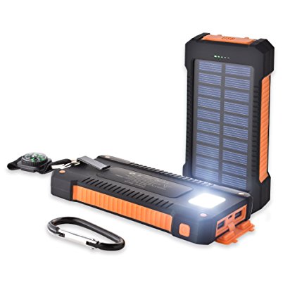 Solar Phone Charger,10000mAh Waterproof Solar Charger Dual USB Emergency Supplies SOS Flashlight Portable External Battery Power Bank With Compass,Bainoe (Orange)