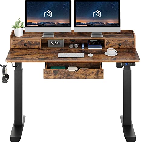 Rolanstar Height Adjustable Desk, 47" Standing Desk with Drawers and Monitor Shelf, Electric Standing Table with Double Headphone Hooks, Rustic Brown