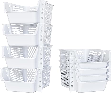Skywin Plastic Stackable Storage Bins for Pantry - 4-Pack Stackable Bins For Organizing Food, Kitchen, and Bathroom Essentials (Ivory)