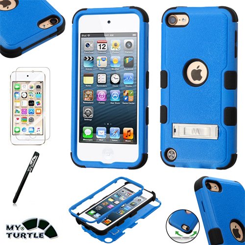 MyTurtle Shockproof Hybrid 3-Layer Hard Silicone Shell Cover with Stylus Pen and Screen Protector for iPod Touch 5th 6th Generation, Blue Black KickStand