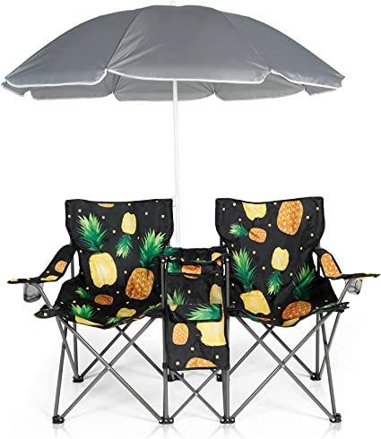 LAZZO Double Folding Camping Chairs, Portable Picnic Camping Chairs w/Umbrella Mini Beverage Holder Carrying Cooler Bag, Outdoor Picnic Double Folding loveseat Camp Chairs for Beach Patio Pool Park