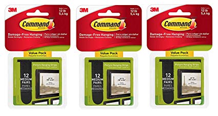 Command Picture Hanging Strips, Medium, Black, 12 Pairs per Pack, Sold as 3 Pack, 36 Pairs Total (17204BLK-12ES)