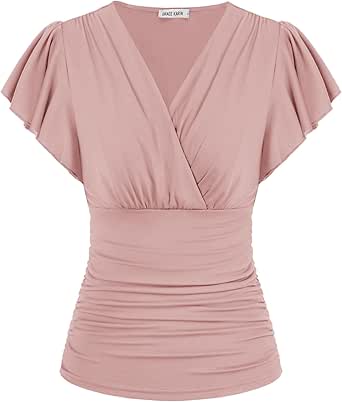 GRACE KARIN 2024 Womens Tops Summer Wrap Blouse V Neck Ruffle Sleeve Dressy Casual Top Ruched T-Shirts