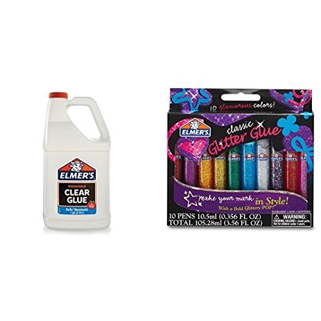 Elmer's Liquid Clear School Glue, 1 Gallon and 3D Washable Glitter Glue Pens, Classic Rainbow, Pack of 10 - Great For Making Slime