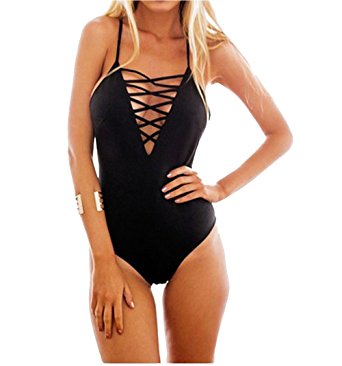 IRISGOD Women's Black Lace Up Front Backless Deep V Plunge One Piece Swimsuit Solid Monokini