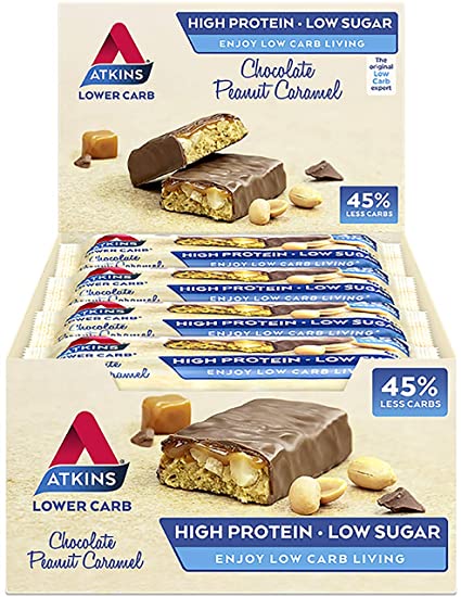 Atkins High Protein Bar, Keto Snack, Low Carb, Low Sugar Chocolate Peanut Caramel Snack Bar, Multipack of 16