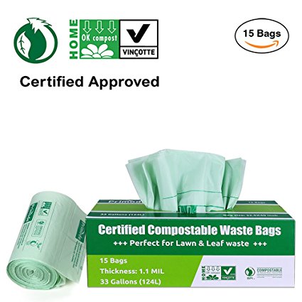 Primode  100% Compostable Bags, Lawn And Leaf Extra Large Trash Bags, ASTMD6400 Certified Biodegradable Compost Bags 33 Gallon, Certificated By US BPI And European VINCOTTE, Extra Thick 1.1 Mil (15)