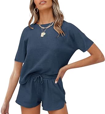 MEROKEETY Women's Short Sleeve Waffle Pajama Sets Lounge Top and Shorts 2 Piece Tracksuit Outfits