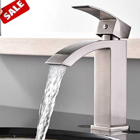Shaco Commercial Single Handle Single Hole Stainless Steel Waterfall Lavatory Bathroom Sink Faucet, Brushed Nickel With Extra Large Rectangular Spout