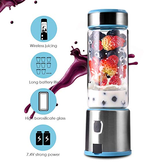 Portable Glass Smoothie Blender-TTLIFE S-POW, USB Rechargeable, Stainless Steel 4-Blade for Travel Personal, Juice, Shakes and Baby Food, Mixer Juice Cup with 5200mAh Rechargeable Battery, FDA, BPA Free-Blue