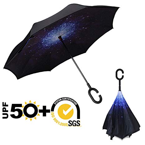 ABCCANOPY Inverted Umbrella,Double Layer Reverse Windproof Teflon Repellent Umbrella for Car and Outdoor Use, UPF 50  Big Stick Umbrella with C-Shaped Handle and Carrying Bag, 30  Multi Colors