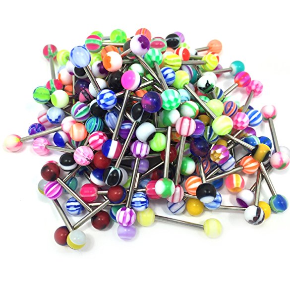 100PC 14G Mixed Tongue Rings Barbells Body Piercing Jewelry Lot