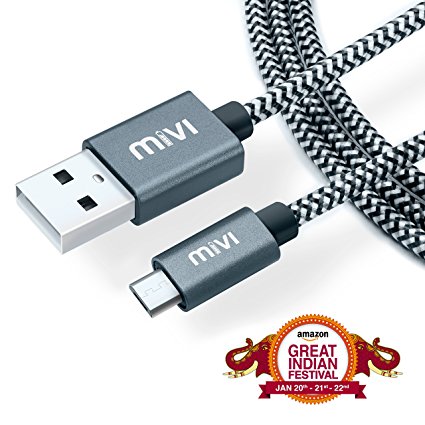 Mivi 6ft long Nylon Tough Micro USB Cable with charging speeds up to 2.4Amps (Black)