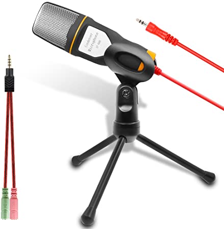 Computer Microphone, External Condenser Microphone for Podcast and Skype Chatting with Adjustable Desktop Tripod Stand, 3.5mm Stereo Plug, Suitable for PC Laptop Notebook (Black and Orange)