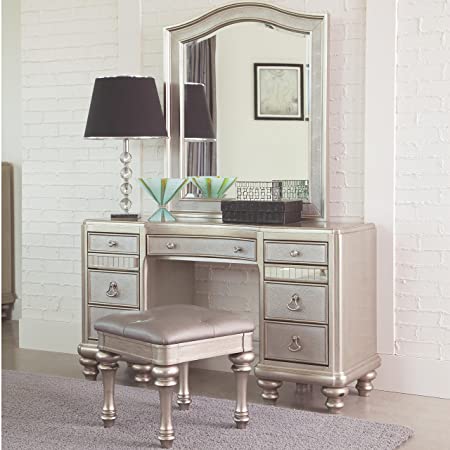 Coaster Home Furnishings Bling Game 3 Piece Vanity Set with Desk , Mirror , and Stool , in Platinum and Silver