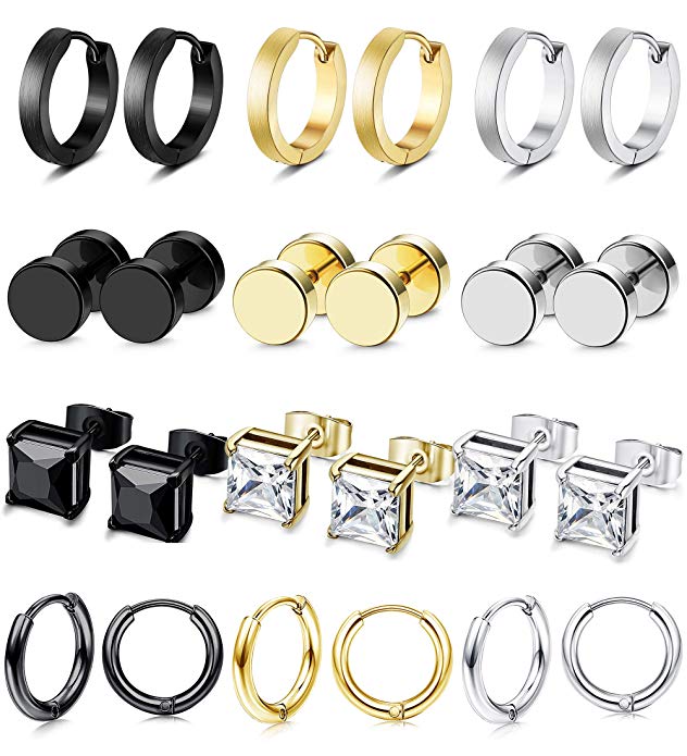 LOLIAS 12 Pairs Stud Earrings Hoop Earrings Set for Men Women CZ Stainless Steel Unisex Ear Piercing Jewelry Hypoallergenic