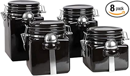 4 PC Ceramic Canister Set with Air-Tight Clamp Top Lid & Stainless Steel Spoons Kitchen Counter Top Organizer, Coffee, Sugar Storage, Jars - Black