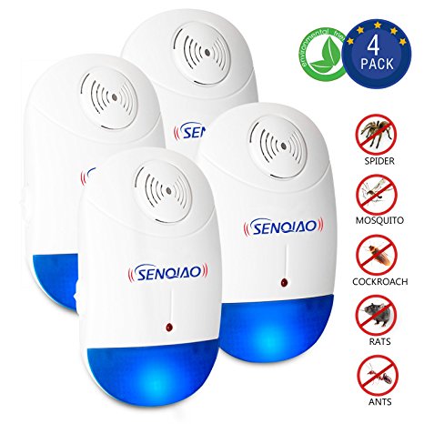 Ultrasonic Pest Repellent ,SENQIAO Electronic Insect Repellent,Pest Control with Night Light,Repellent for Bugs,Cockroach, Mosquitos, Fleas,Ants, Spiders, Mouse,Mice and More (Pack of 4)