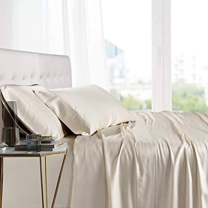 Royal Tradition Exquisitely Lavish Body Temperature-Regulated Bedding, 100% Viscose from Bamboo, 300 Thread Count, 4 Piece Queen Size Deep Pocket Silky Soft Sheet Set, Ivory