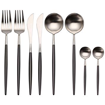 Flatware Set, Morgiana 8-Piece 18/10 Stainless Steel Flatware Sets Including Fork Spoons Knife Tableware Utensil Set Service for 2 (Black & Silver)