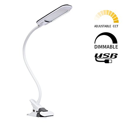 LVWIT LED Desk Lamp 5W Max. Stepless Dimmable 3000K to 6000K Desk Lamp with Clamp Eye-caring 24 LEDs Clip On Lights with Memory Function USB Powered White Version
