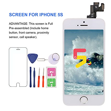 iPhone 5S Screen Replacement With Home Button - MAFIX Full Pre-assembly LCD Display Digitizer Touch Screen Kit Include Repair Tools & Screen Protector, White