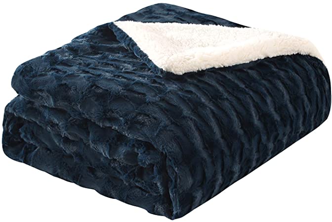 HT&PJ Fluffy Faux Fur Throw Blanket Reverse Plush Sherpa Thick Warm Soft for Sofa Bedroom Decor Crescent Pattern Throw Size (Solid-Sapphire Blue, 50"X60")